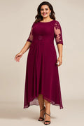 Elegant Burgundy Lace A-Line Scoop Neck Short Sleeve Short Mother of the Bride Dress