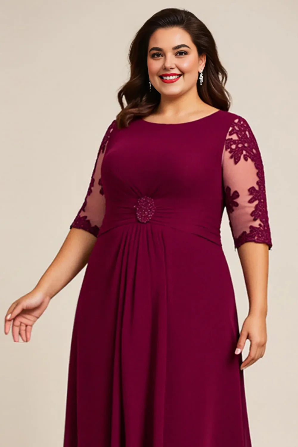 Elegant Burgundy Lace A-Line Scoop Neck Short Sleeve Short Mother of the Bride Dress