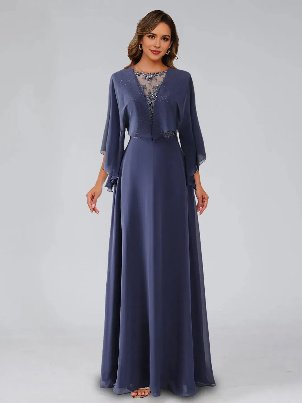 Scoop Neck Sleeveless Zip-Back Floor-Length Pleated Mother of the Bride Dresses with Appliques Rhinestones Shawl