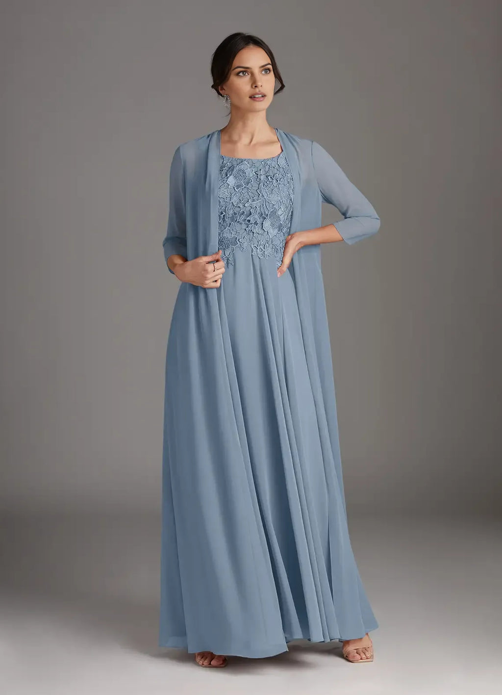 Scoop Neck Three-Quarter Sleeve Back Zip Floor-Length Formal Mother of the Bride Dress With Jacket