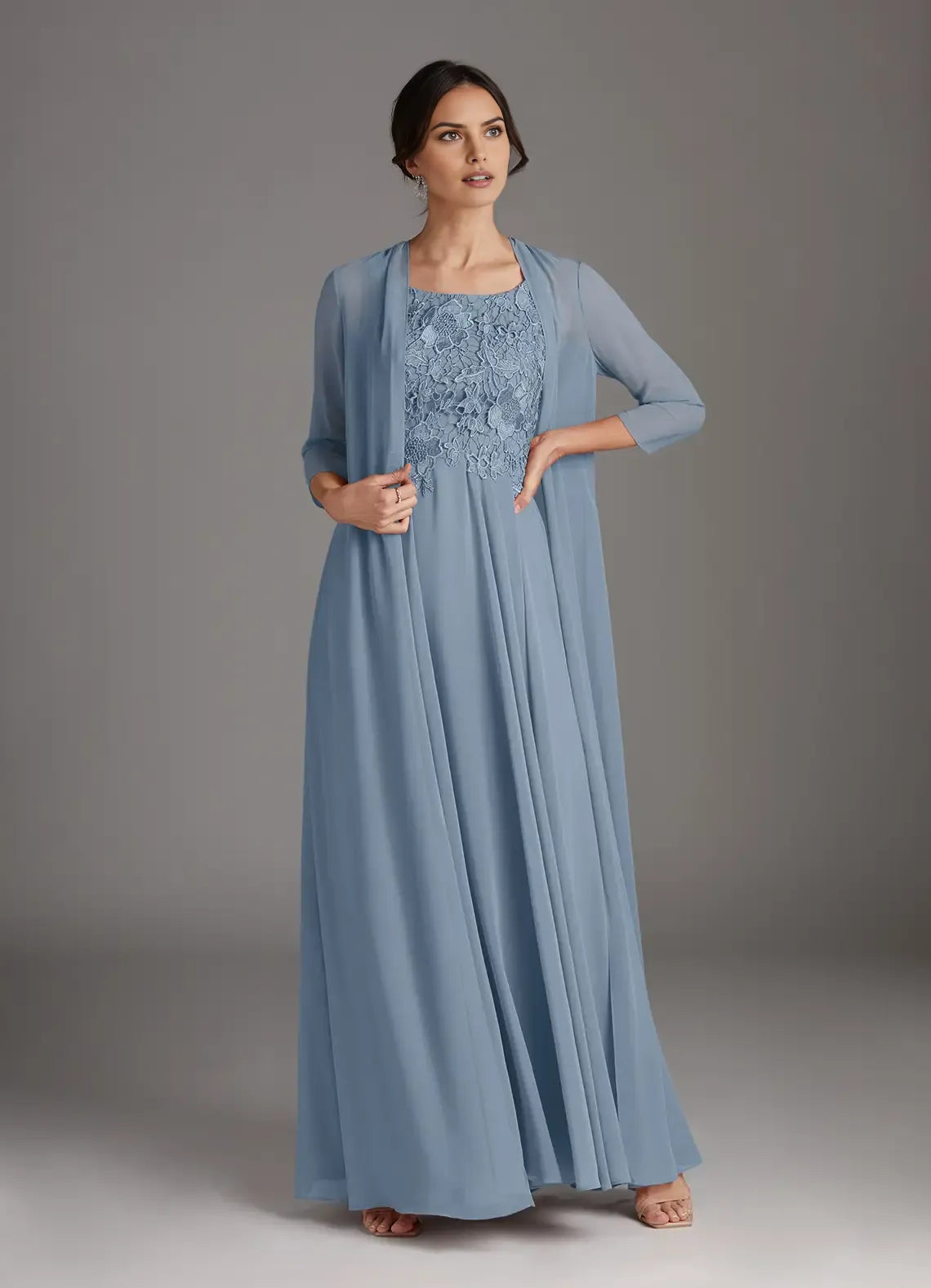 Scoop Neck Three-Quarter Sleeve Back Zip Floor-Length Formal Mother of the Bride Dress With Jacket