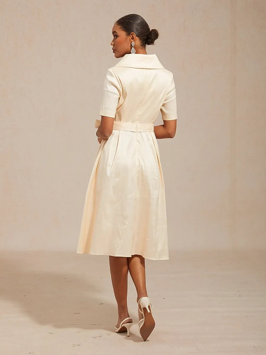 Shawl Collar Short Sleeve Champagne Midi Prom Dress For Women Hot Sale