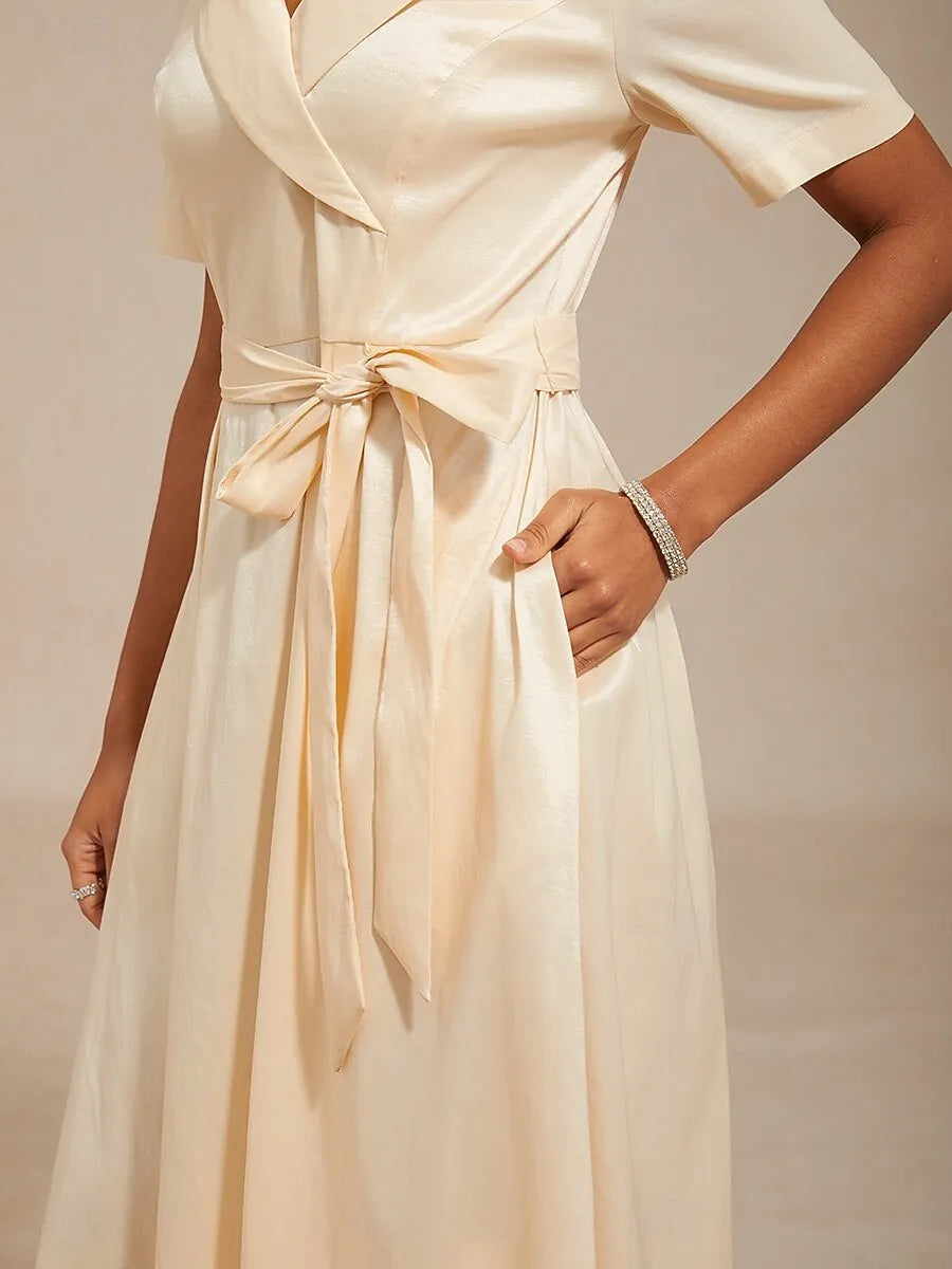 Shawl Collar Short Sleeve Champagne Midi Prom Dress For Women Hot Sale