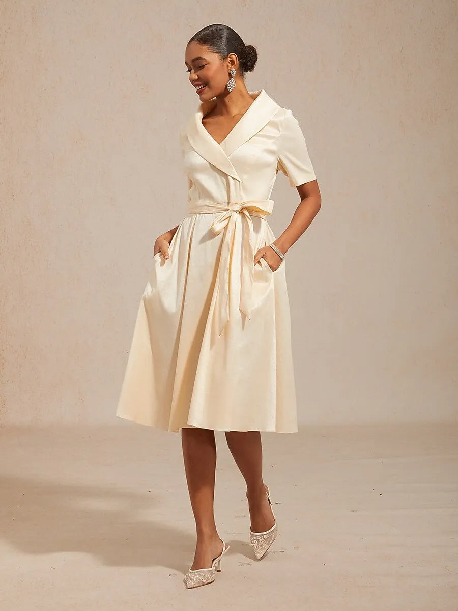 Shawl Collar Short Sleeve Champagne Midi Prom Dress For Women Hot Sale