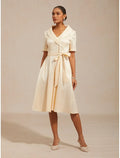 Shawl Collar Short Sleeve Champagne Midi Prom Dress For Women Hot Sale