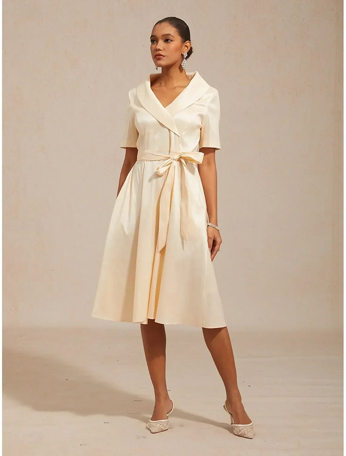 Shawl Collar Short Sleeve Champagne Midi Prom Dress For Women Hot Sale