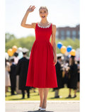 Red Scoop Neck Beaded Midi Evening Dress
