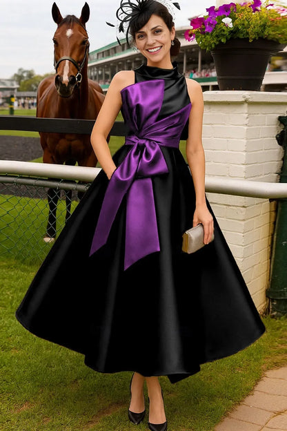 Elegant Purple Satin A-Line High Neck Sleeveless Mother of the Bride Dress