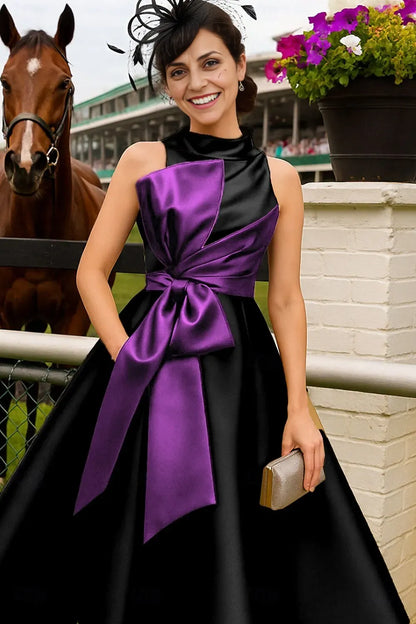 Elegant Purple Satin A-Line High Neck Sleeveless Mother of the Bride Dress