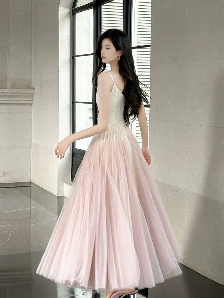 Spaghetti Strap Embroidered Blush Maxi Prom Dress