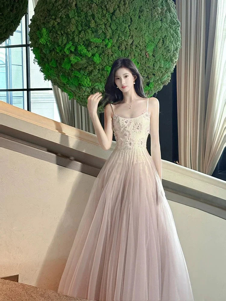 Spaghetti Strap Embroidered Blush Maxi Prom Dress