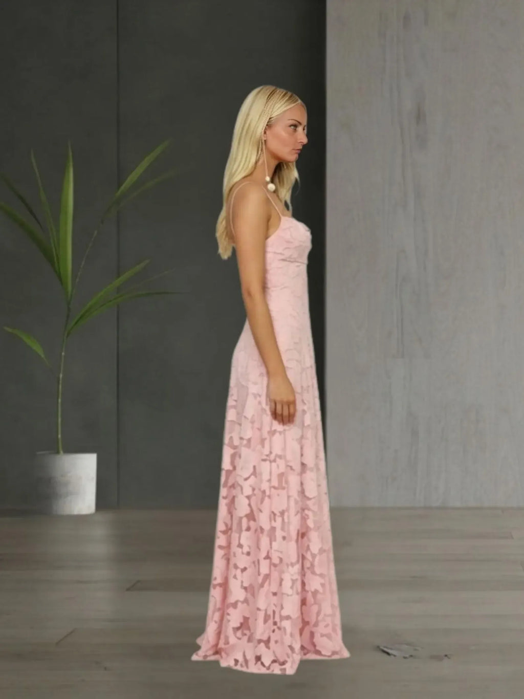 Spaghetti Strap Floral Blush Floor Length Prom Dress