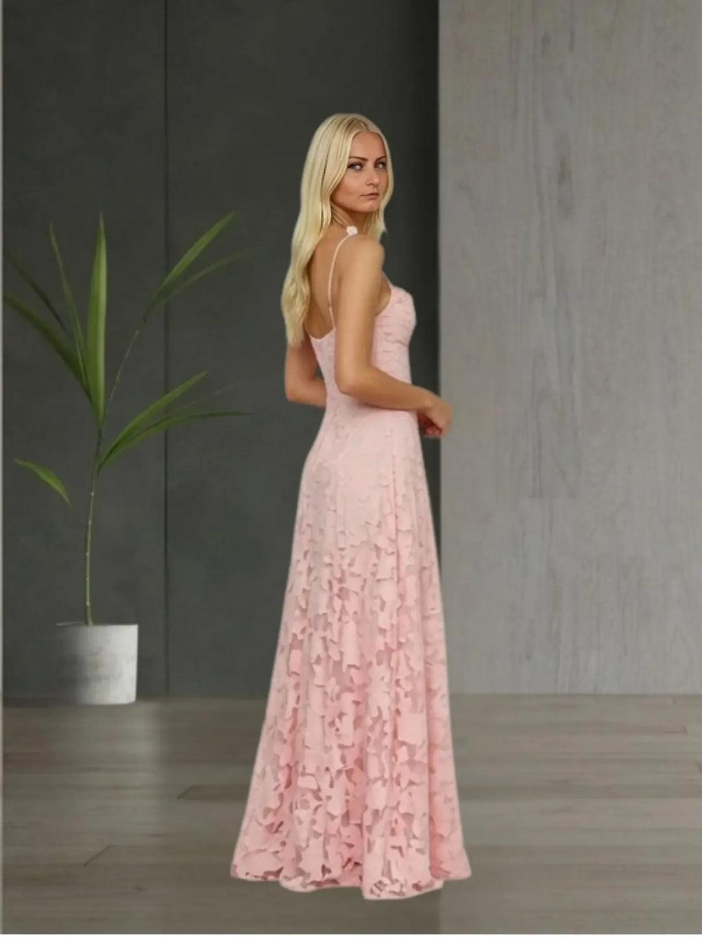 Spaghetti Strap Floral Blush Floor Length Prom Dress