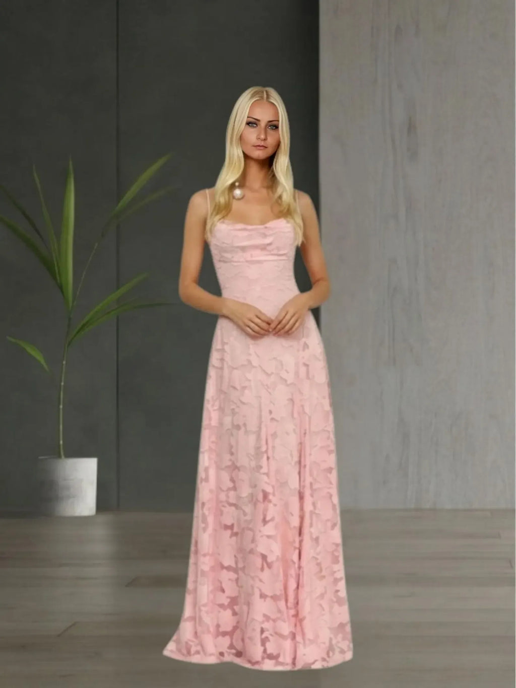 Spaghetti Strap Floral Blush Floor Length Prom Dress