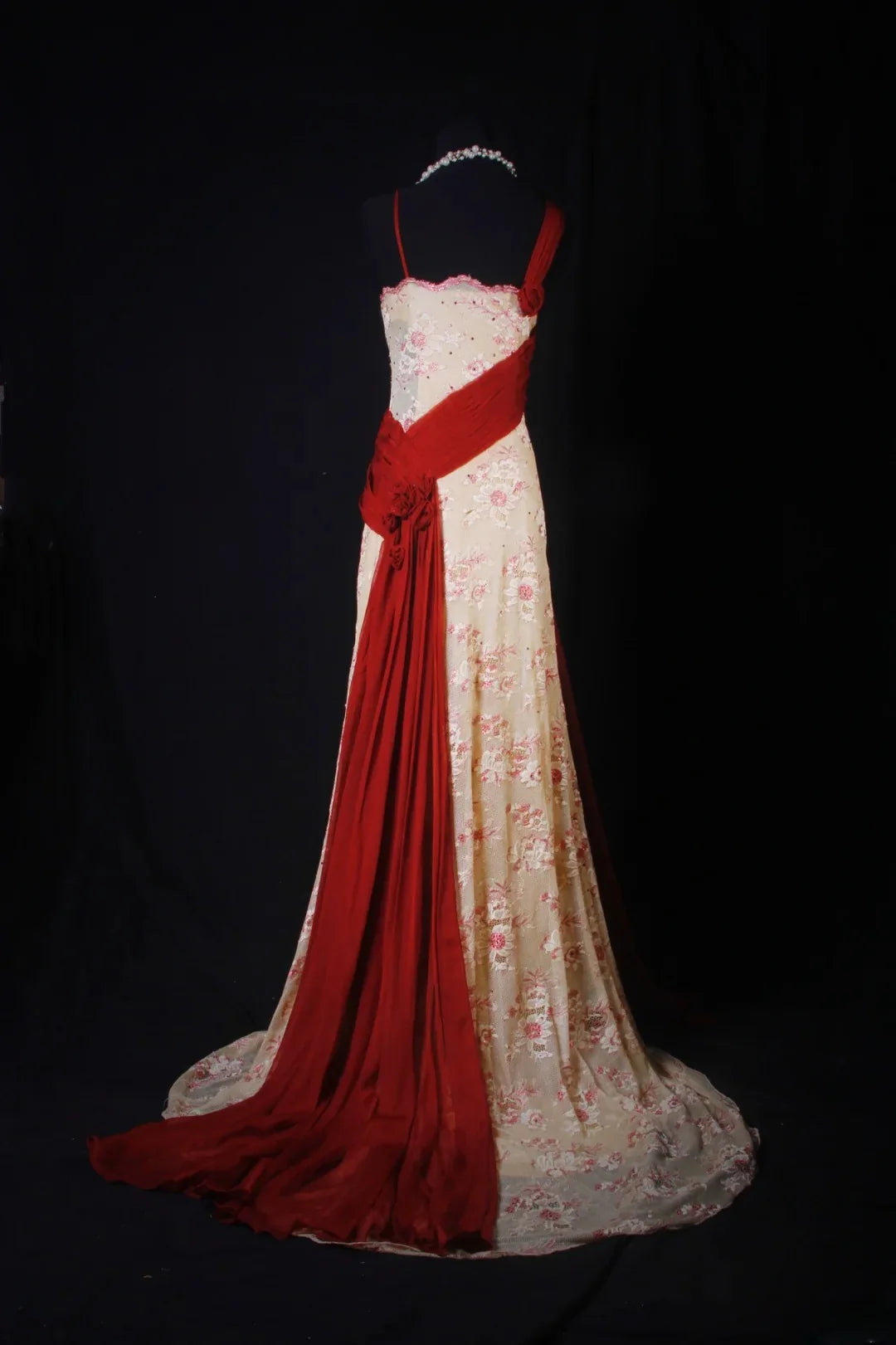 Spaghetti Strap Floral Red-Champagne Maxi Prom Dress