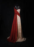 Spaghetti Strap Floral Red-Champagne Maxi Prom Dress
