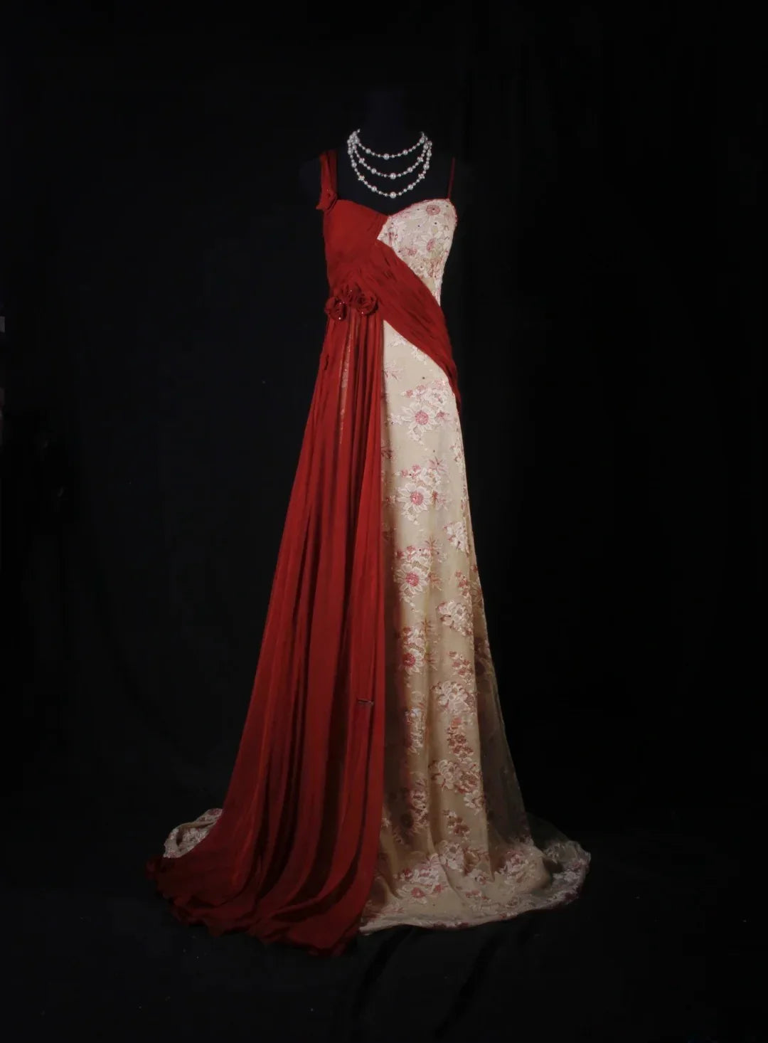 Spaghetti Strap Floral Red-Champagne Maxi Prom Dress