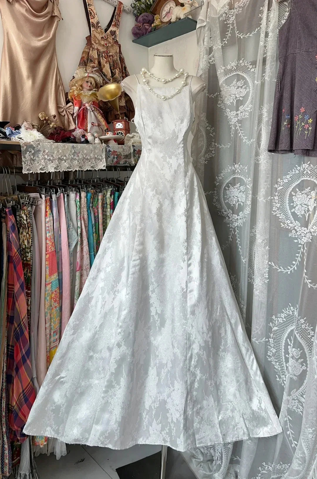 White Spaghetti Strap Floral Maxi Prom Dress