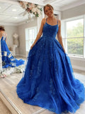 Blue Spaghetti Strap Lace-Up Royal Floor-Length Party Dress