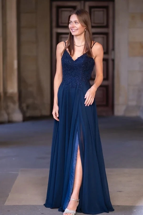 Navy Spaghetti Strap Evening Dress