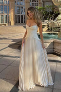 Ivory Spaghetti Strap Pleated Floor-Length Party Dress