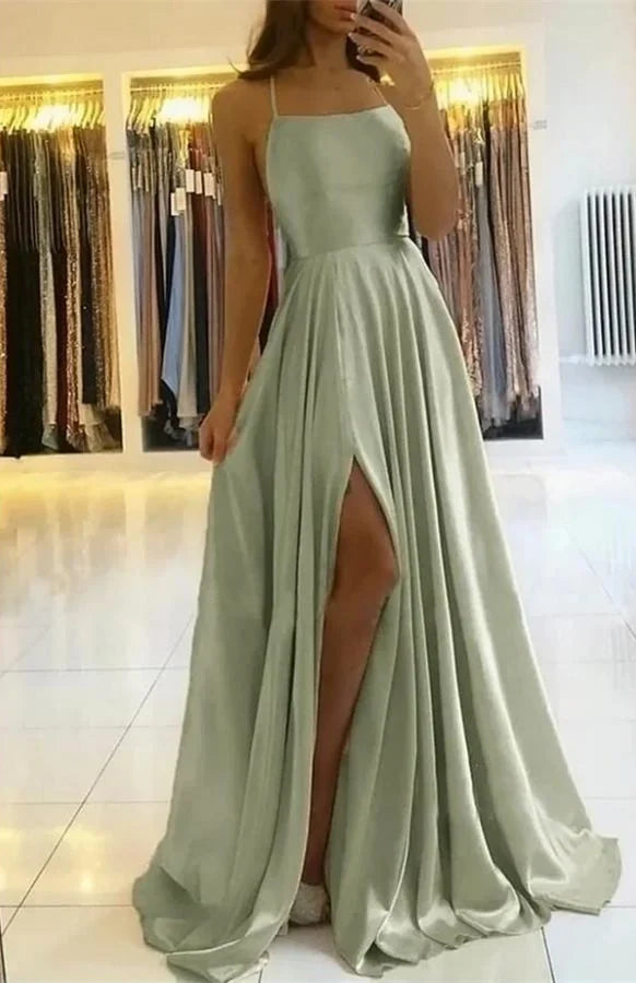 Sage Green Spaghetti Strap Prom Dress