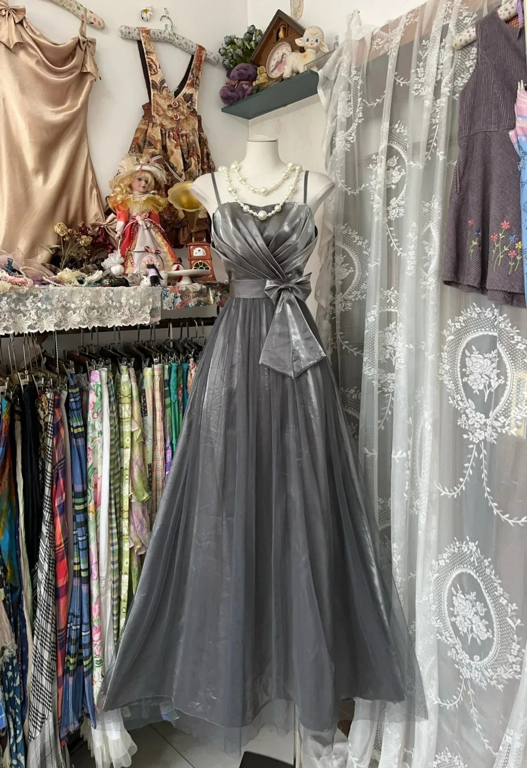 Gray Spaghetti Strap Sleeveless Bow Midi Prom Dress