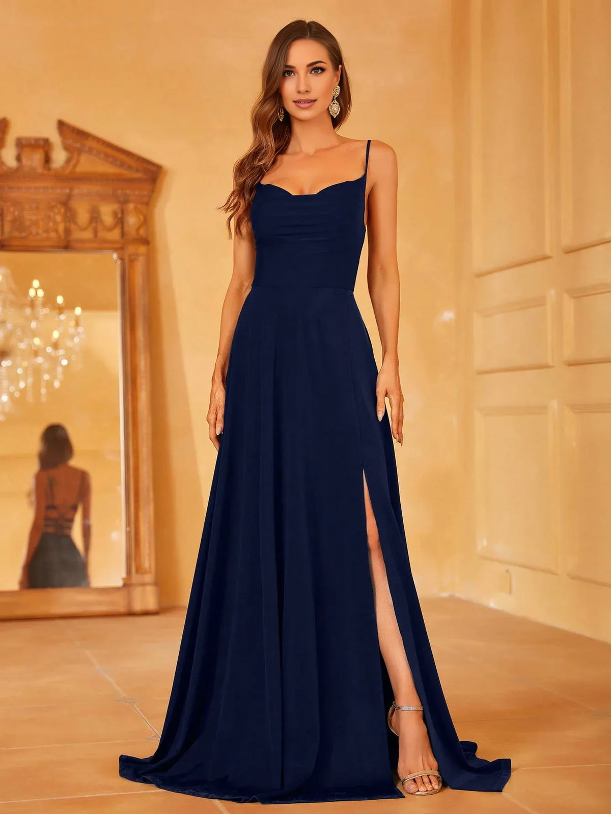 Beautiful Timeless Chic Elegant Navy Blue Lace A-Line Sleeveless Floor-Length Prom Dress