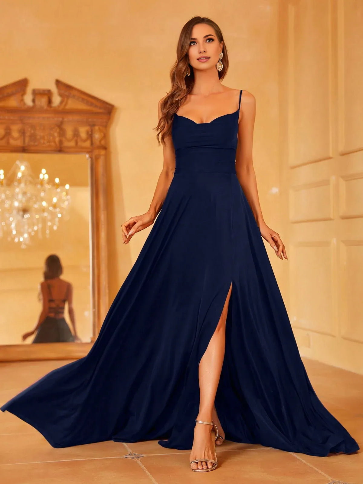 Beautiful Timeless Chic Elegant Navy Blue Lace A-Line Sleeveless Floor-Length Prom Dress