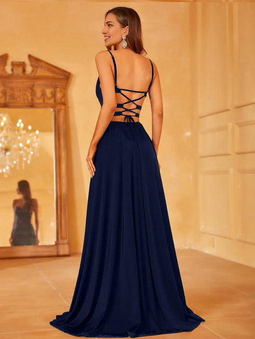 Beautiful Timeless Chic Elegant Navy Blue Lace A-Line Sleeveless Floor-Length Prom Dress