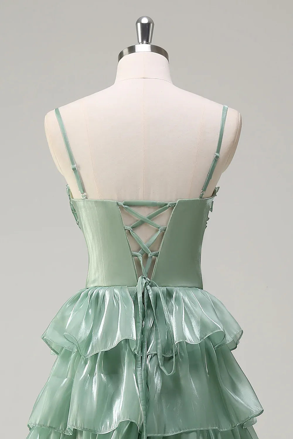 Spaghetti Strap Tiered Ruffle Dusty Sage Maxi Prom Dress With Slit