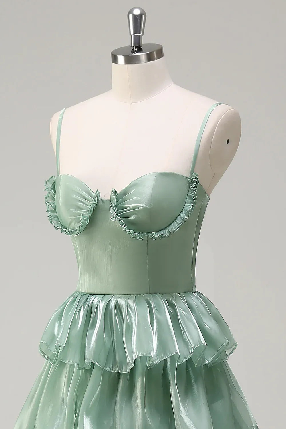 Spaghetti Strap Tiered Ruffle Dusty Sage Maxi Prom Dress With Slit