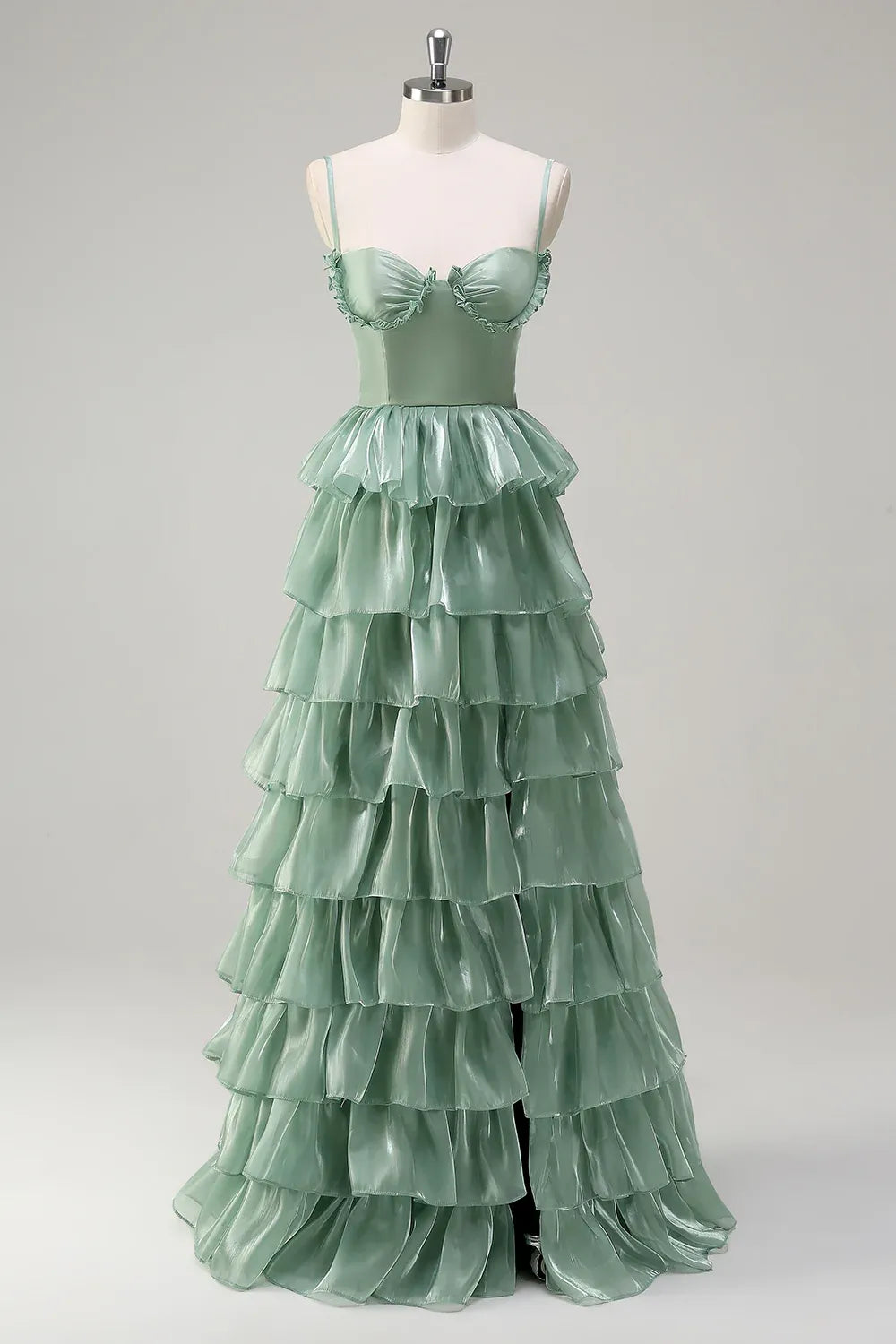 Spaghetti Strap Tiered Ruffle Dusty Sage Maxi Prom Dress With Slit