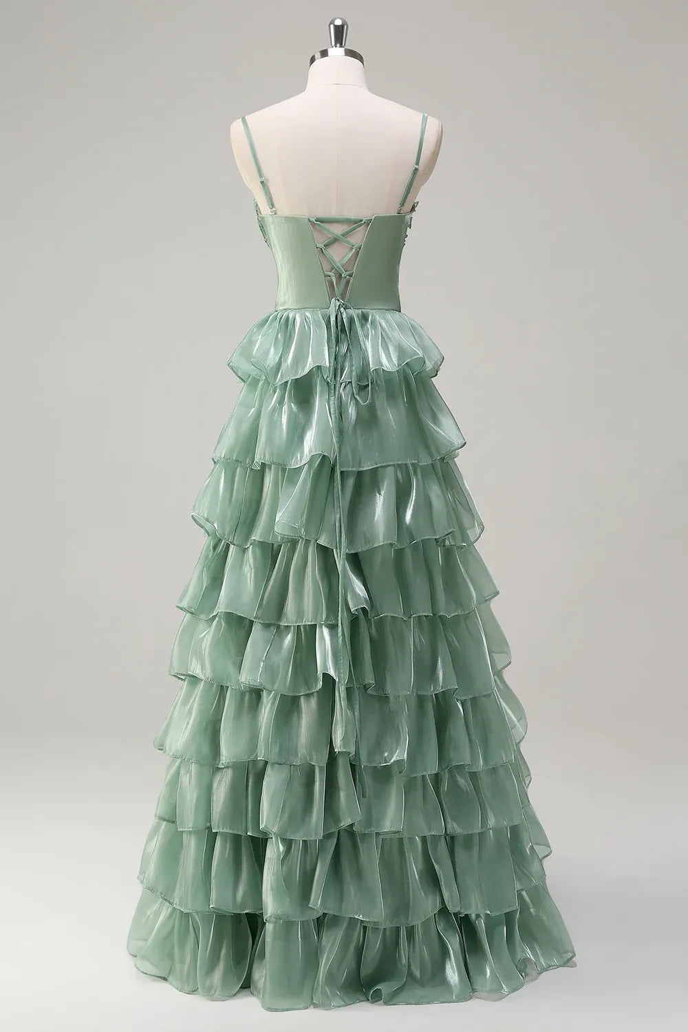 Spaghetti Strap Tiered Ruffle Dusty Sage Maxi Prom Dress With Slit