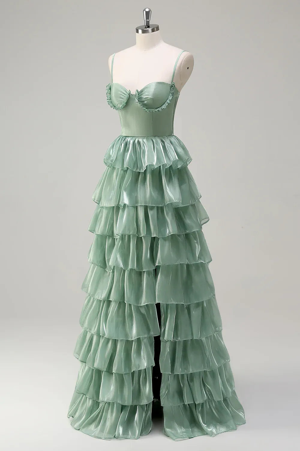 Spaghetti Strap Tiered Ruffle Dusty Sage Maxi Prom Dress With Slit