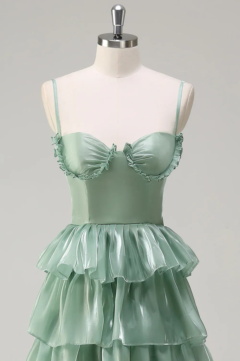 Spaghetti Strap Tiered Ruffle Dusty Sage Maxi Prom Dress With Slit