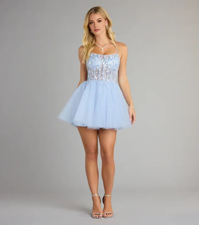 Special Occasion Sophisticated Elegant Light Blue Tulle A-Line Sleeveless Mini Homecoming Dress