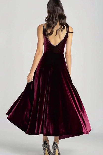 Graceful Stylish Refined Beautiful Timeless Elegant Burgundy Velvet A-Line Sleeveless Evening Dress