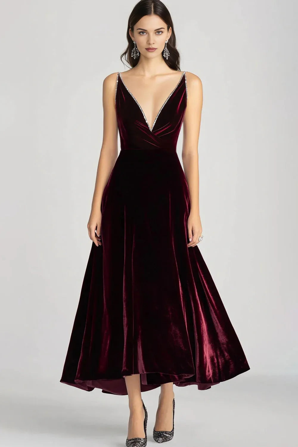 Graceful Stylish Refined Beautiful Timeless Elegant Burgundy Velvet A-Line Sleeveless Evening Dress
