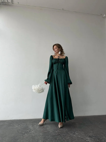 Special Occasion Sophisticated Graceful Elegant Satin A-Line Square Neck Pleated Floor-Length Prom Dress