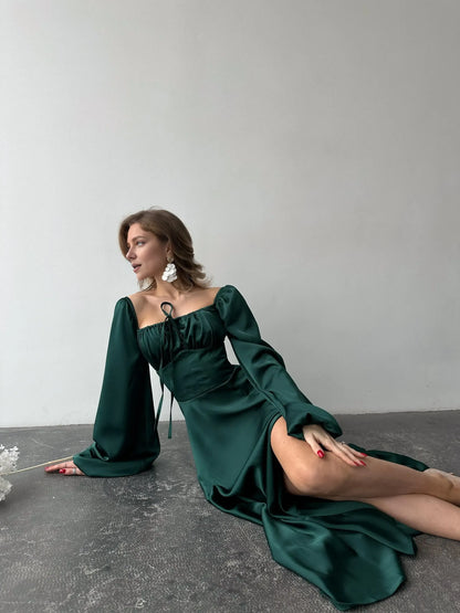 Special Occasion Sophisticated Graceful Elegant Satin A-Line Square Neck Pleated Floor-Length Prom Dress