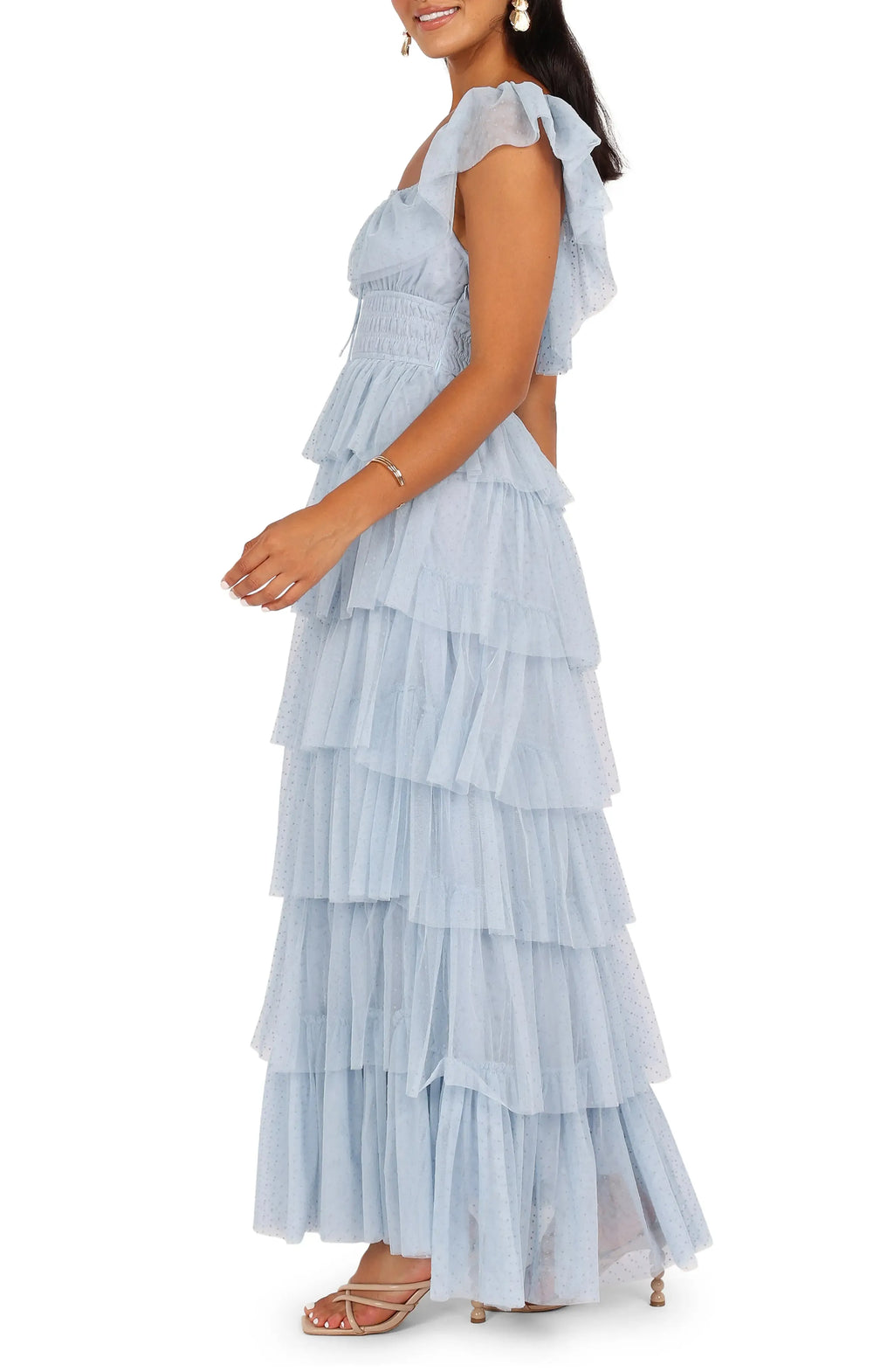 Special Occasion Elegant Light Blue Tulle A-Line Square Neck Backless Floor-Length Prom Dress