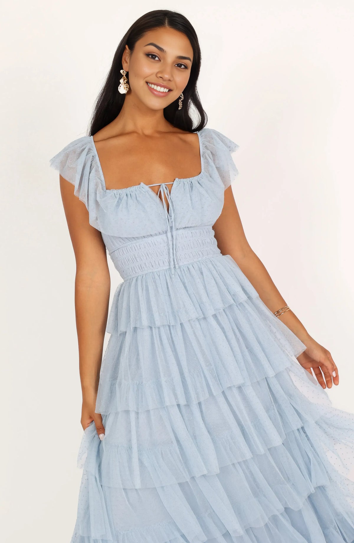Special Occasion Elegant Light Blue Tulle A-Line Square Neck Backless Floor-Length Prom Dress
