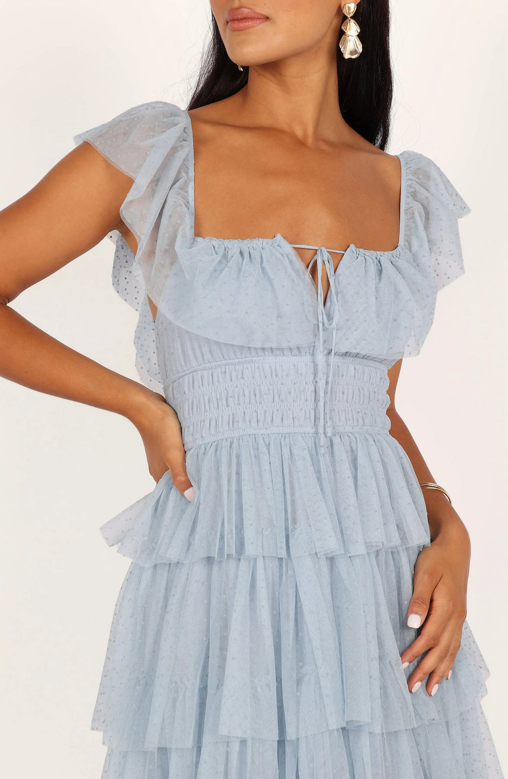 Special Occasion Elegant Light Blue Tulle A-Line Square Neck Backless Floor-Length Prom Dress