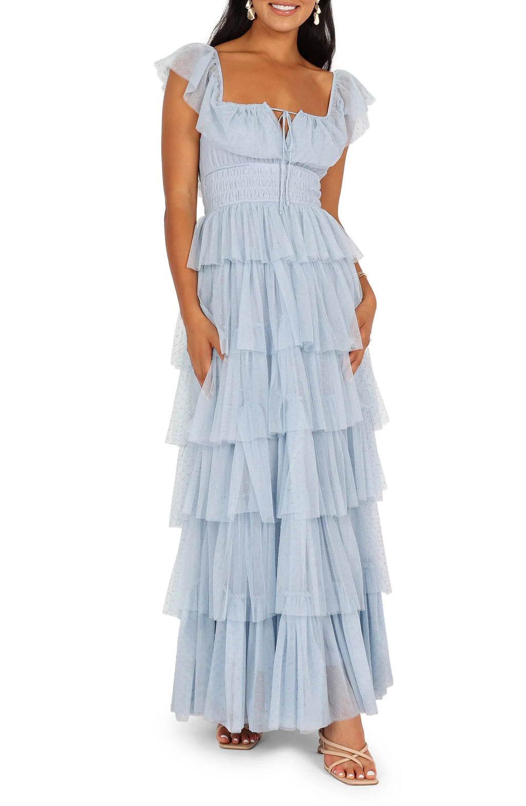 Special Occasion Elegant Light Blue Tulle A-Line Square Neck Backless Floor-Length Prom Dress