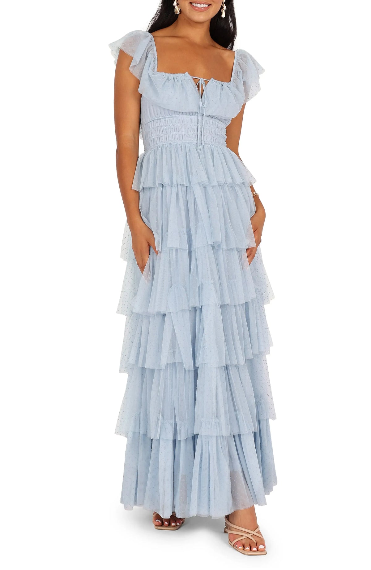Special Occasion Elegant Light Blue Tulle A-Line Square Neck Backless Floor-Length Prom Dress