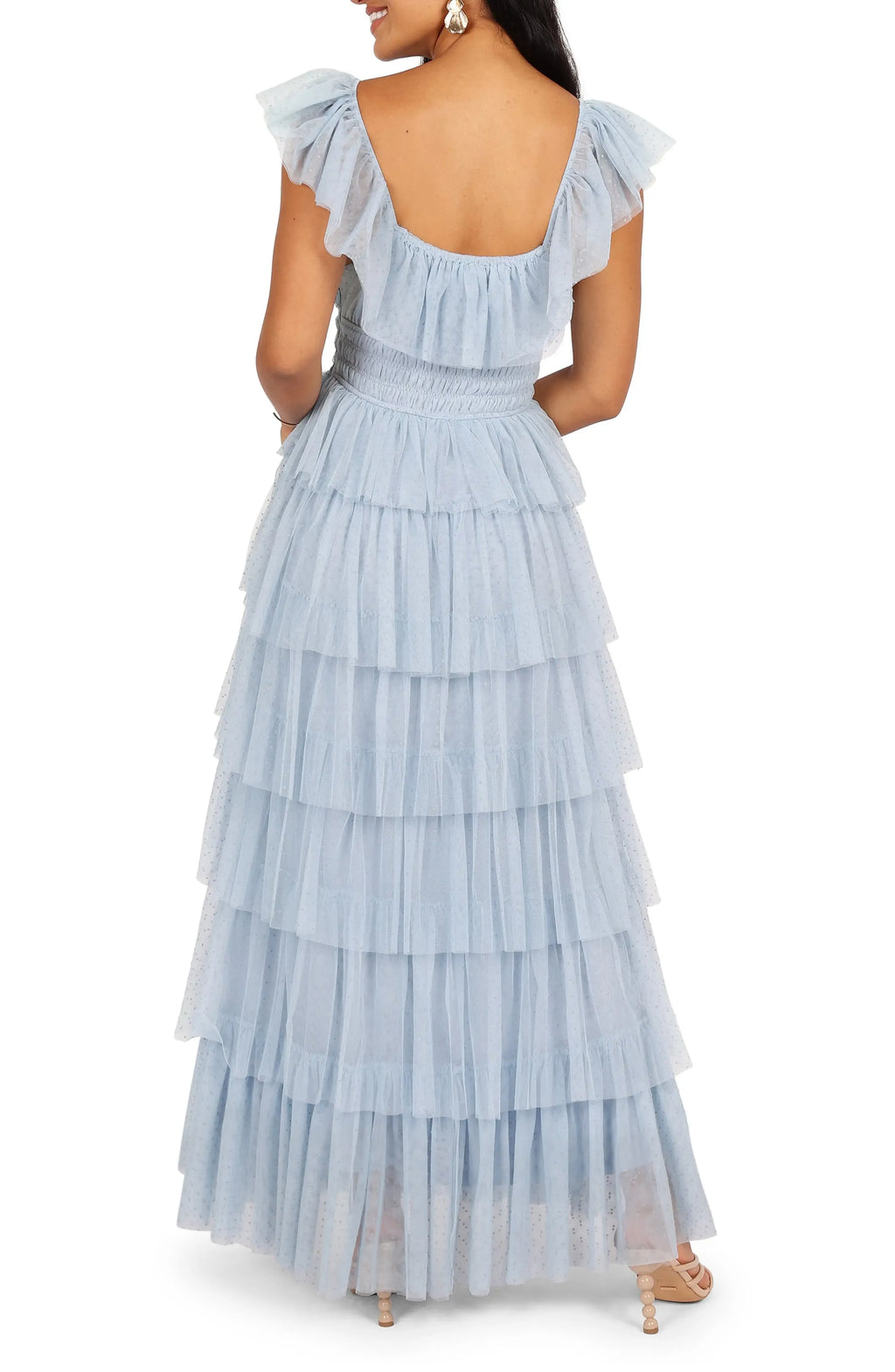 Special Occasion Elegant Light Blue Tulle A-Line Square Neck Backless Floor-Length Prom Dress
