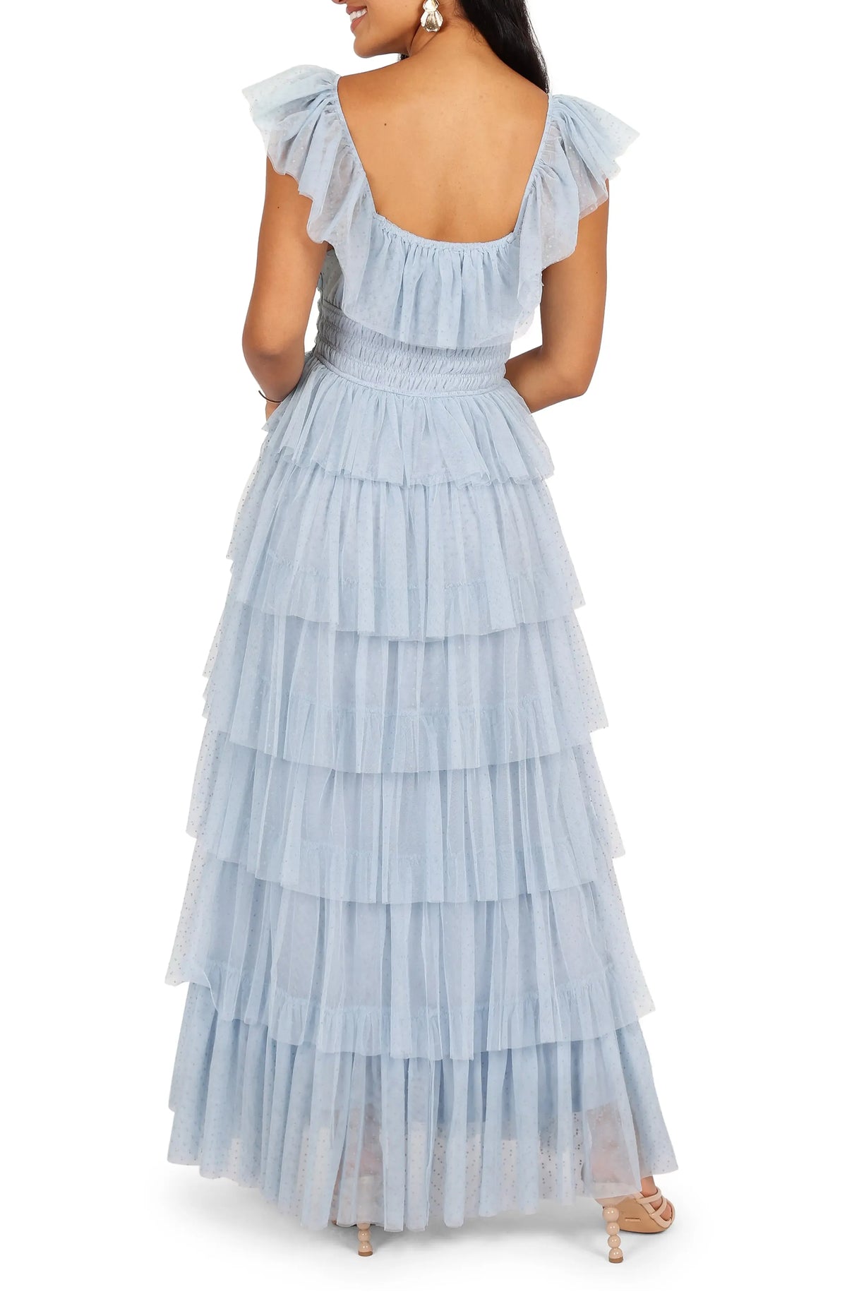 Special Occasion Elegant Light Blue Tulle A-Line Square Neck Backless Floor-Length Prom Dress