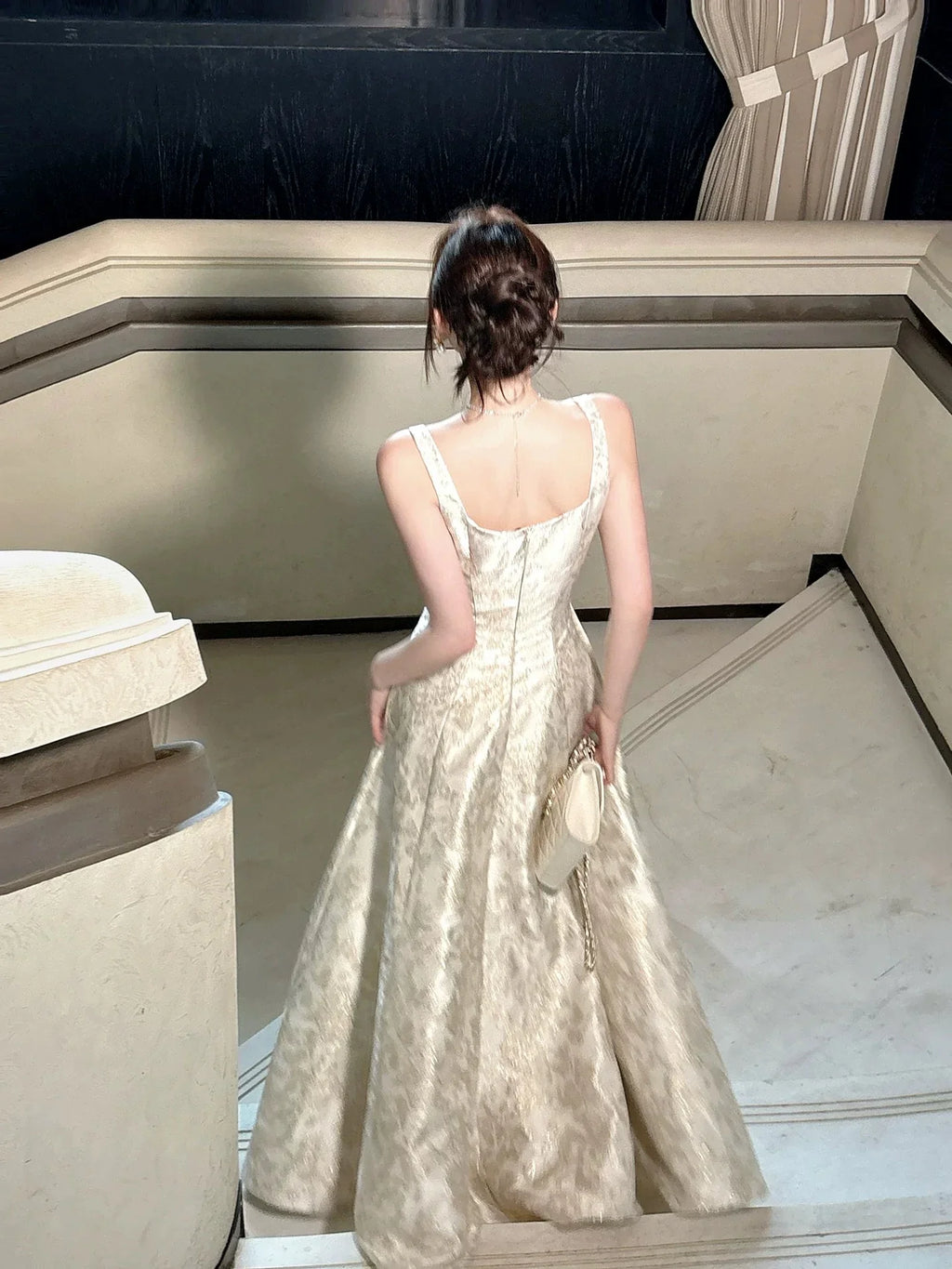 Ivory Square Neck Jacquard Maxi Prom Dress