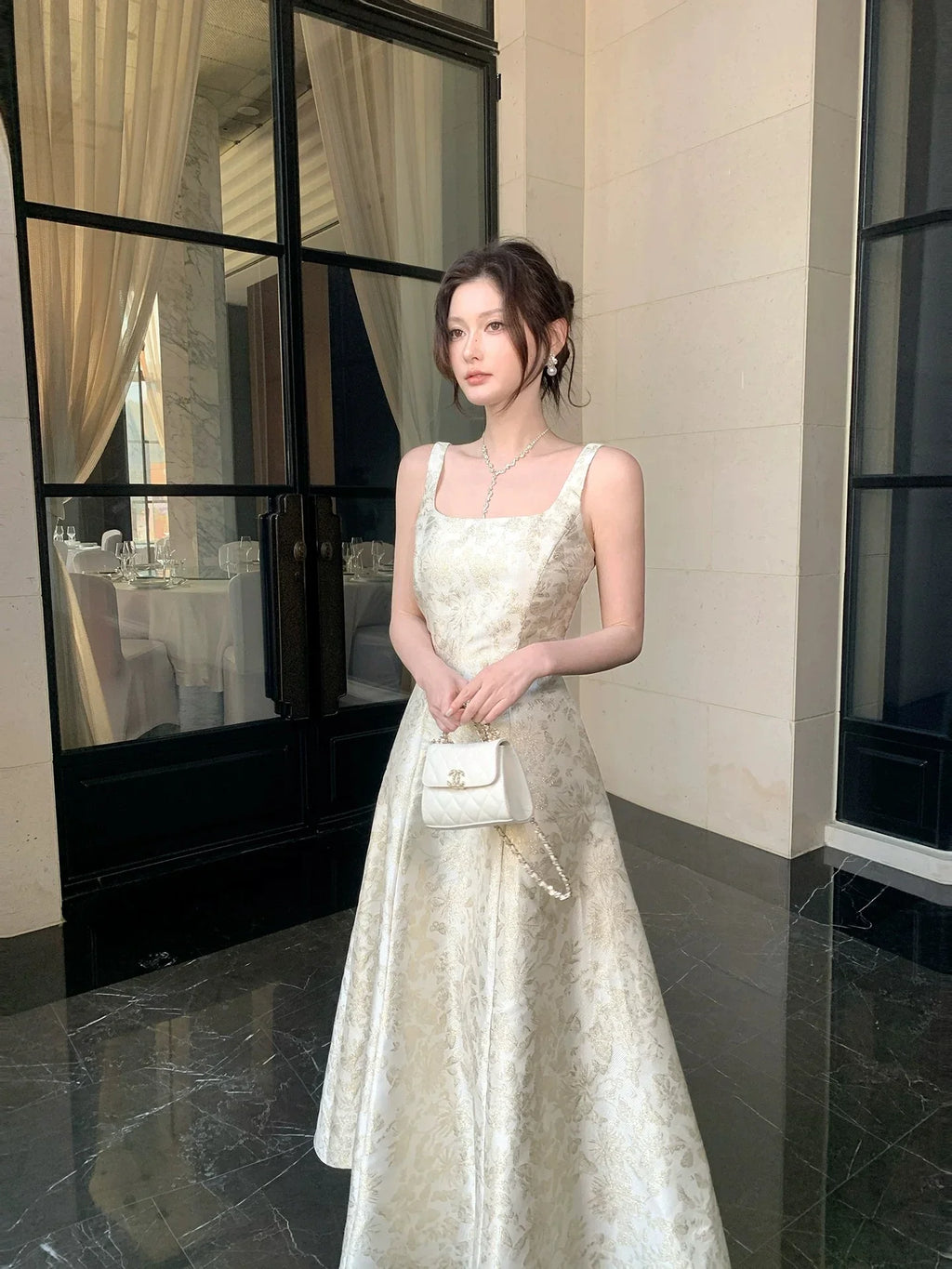 Ivory Square Neck Jacquard Maxi Prom Dress